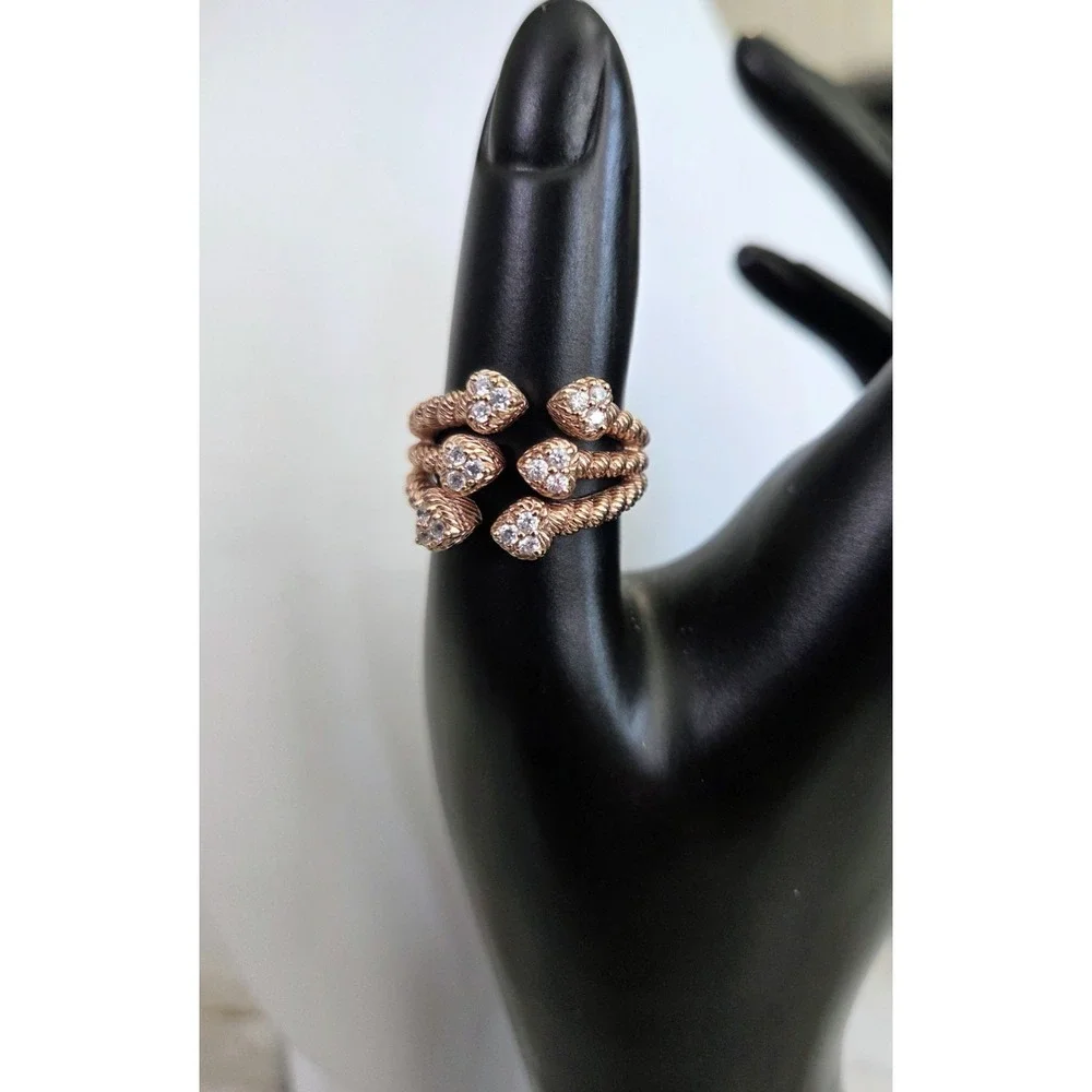 Judith Ripka Sterling Silver 925 Rose Gold Vermeil CZ‎ Heart 3 Band Ring Sz 7.75